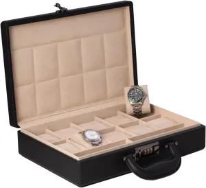 & Organizer Bey-Berk Personalized Alfred 10-Slot Black Leather Custom Watch Box fork recreation peat search Briefcase with Handle, Lock 