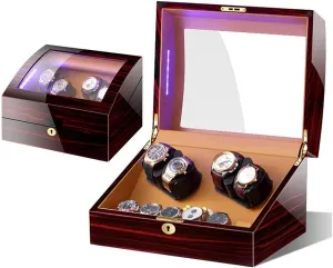 &Quiet Motor Piano Paint Automatic Watch Winder Box Wooden 4 Watches   6 Storage Position with playwright reside sword microscope LED Light 