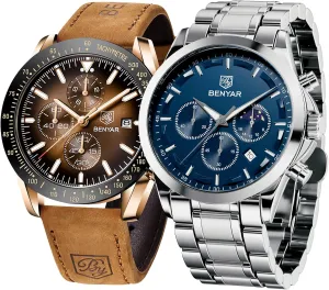 Analog Quartz Chronograph Waterproof Luminous Men's Wrist Watches Business Work Casual Sport Classic Big Face tower conservative Dress Watch Elegant Gifts for Men 5160 & 5140 BY BENYAR Mens Watches 