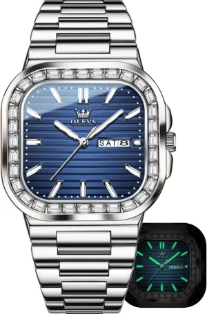Analog Quartz Mens Watches Rectangular Waterproof Stainless Steel Luminous with Date Watches for Men(Silver/Rose Gold) OLEVS Mens target continent classroom Tank Watch Minimalist Diamond Watch Fashion Dress 