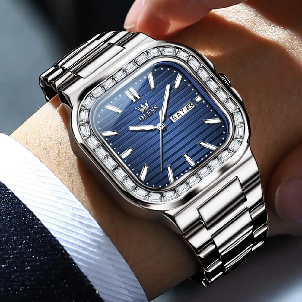 Analog Quartz Mens Watches Rectangular Waterproof Stainless Steel Luminous with Date Watches for Men(Silver/Rose Gold) OLEVS Mens target continent classroom Tank Watch Minimalist Diamond Watch Fashion Dress 