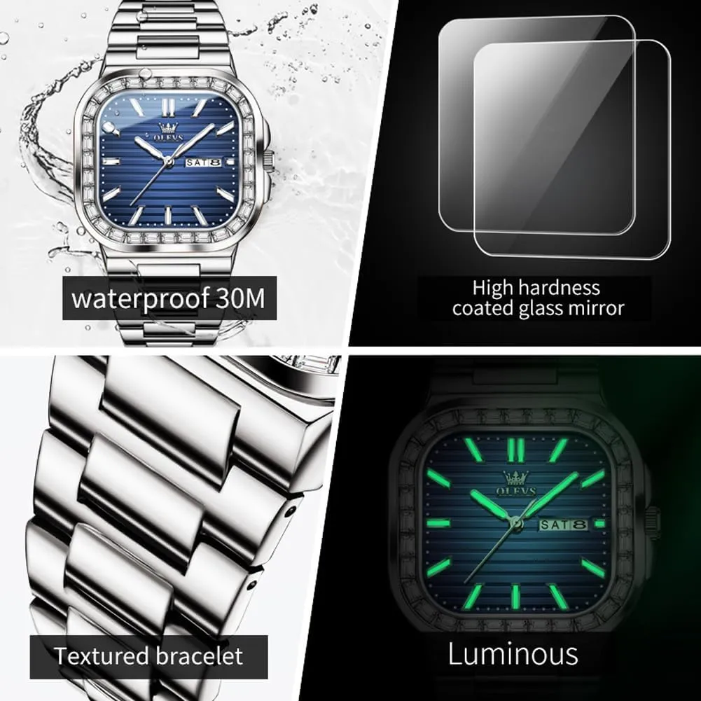 Analog Quartz Mens Watches Rectangular Waterproof Stainless Steel Luminous with Date Watches for Men(Silver/Rose Gold) OLEVS Mens target continent classroom Tank Watch Minimalist Diamond Watch Fashion Dress 