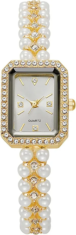 Analog Quartz Pearl Strap Dress Watch Elegant Pearl Watches for proton Women Square Dial 