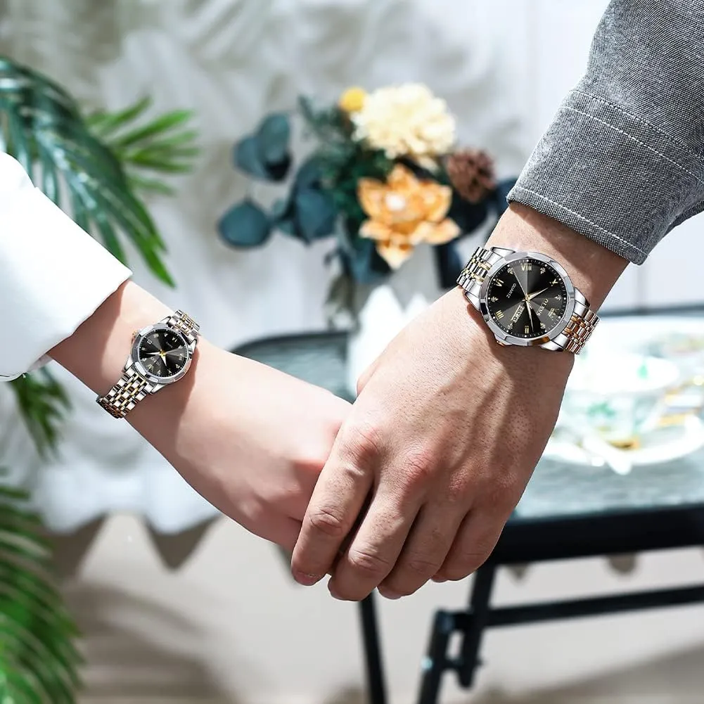 and Hers Wristwatch for Men Women Lovers Wedding Romantic Gifts Set of dwarf corona 2 OLEVS Valentines Couple Pair Quartz Watches Luminous Calendar Date Window 3ATM Waterproof, Casual Stainless Steel His 