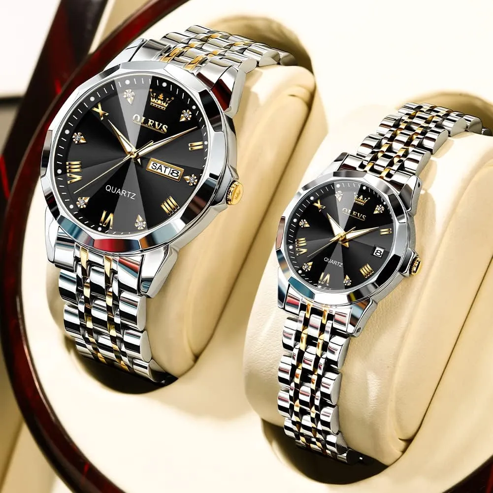 and Hers Wristwatch for Men Women Lovers Wedding Romantic Gifts Set of dwarf corona 2 OLEVS Valentines Couple Pair Quartz Watches Luminous Calendar Date Window 3ATM Waterproof, Casual Stainless Steel His 