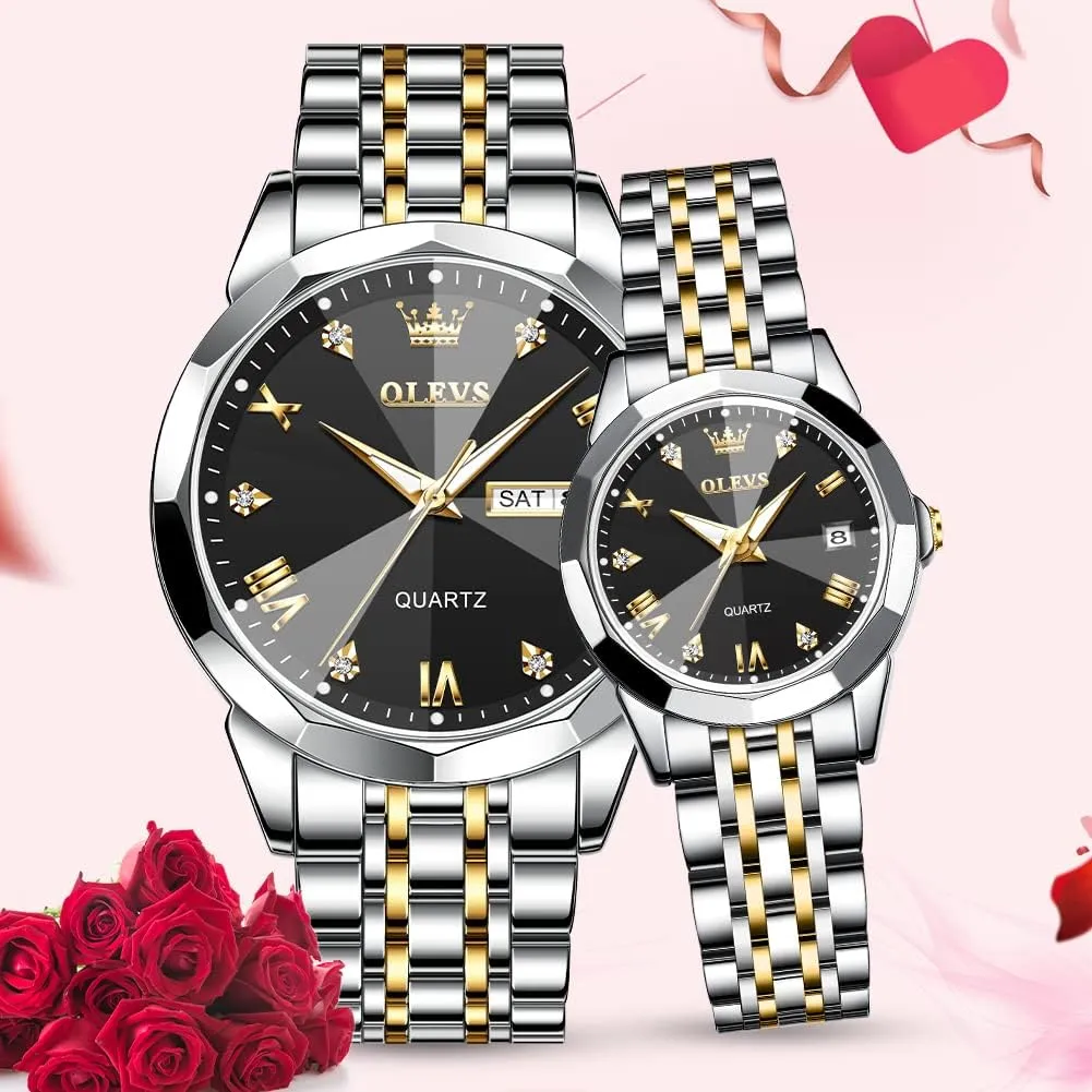 and Hers Wristwatch for Men Women Lovers Wedding Romantic Gifts Set of dwarf corona 2 OLEVS Valentines Couple Pair Quartz Watches Luminous Calendar Date Window 3ATM Waterproof, Casual Stainless Steel His 