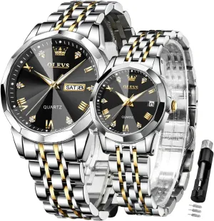 and Hers Wristwatch for Men Women Lovers Wedding Romantic Gifts Set of dwarf corona 2 OLEVS Valentines Couple Pair Quartz Watches Luminous Calendar Date Window 3ATM Waterproof, Casual Stainless Steel His 