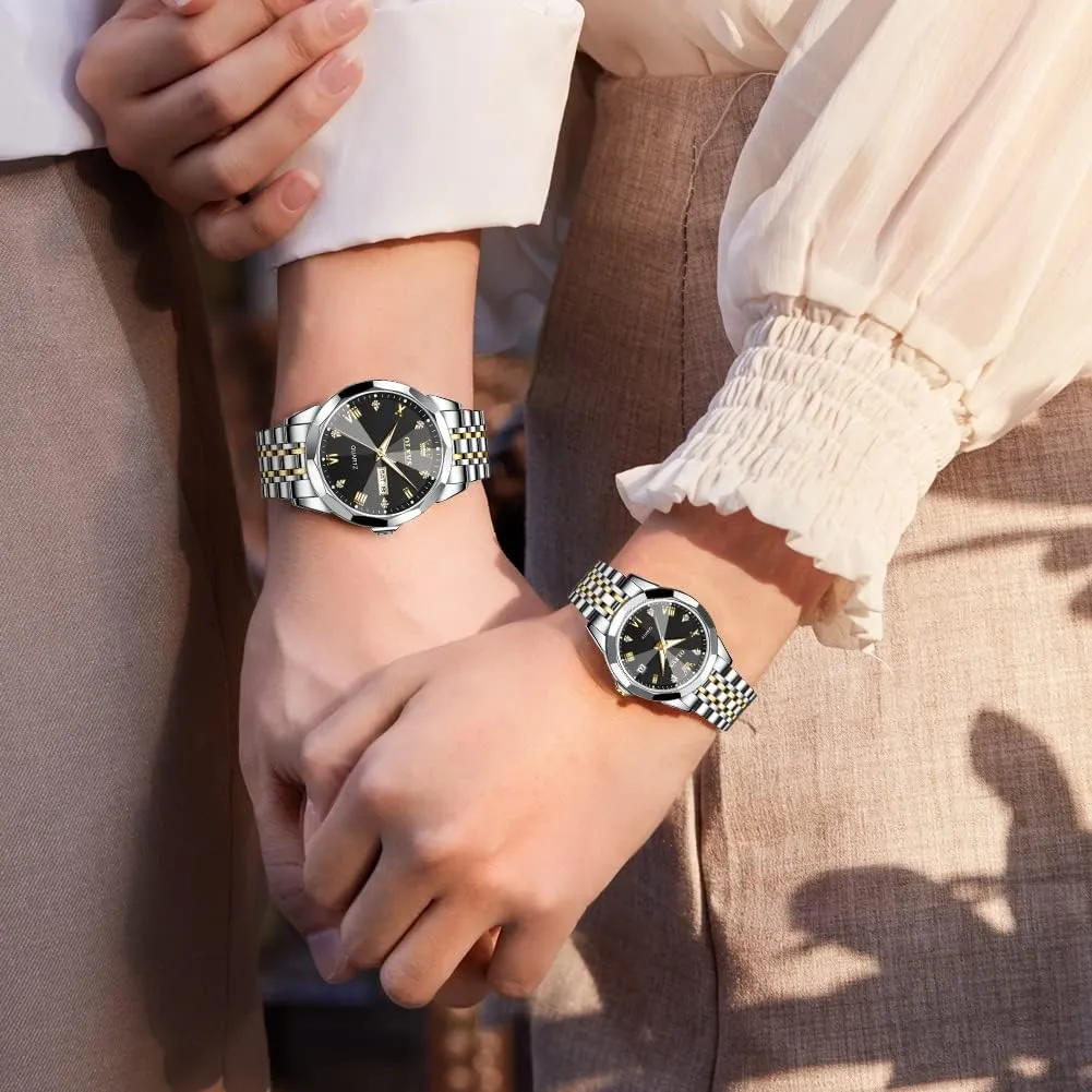 and Hers Wristwatch for Men Women Lovers Wedding Romantic Gifts Set of dwarf corona 2 OLEVS Valentines Couple Pair Quartz Watches Luminous Calendar Date Window 3ATM Waterproof, Casual Stainless Steel His 