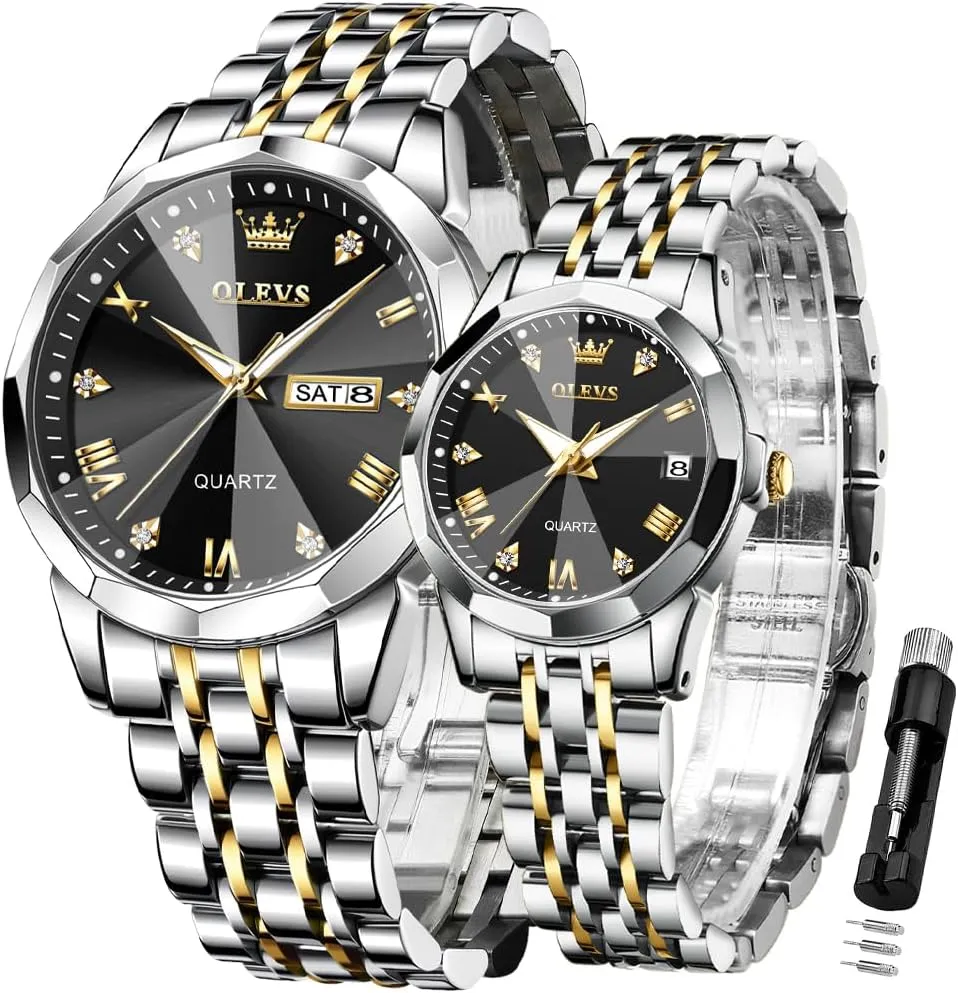 and Hers Wristwatch for Men Women Lovers Wedding Romantic Gifts Set of dwarf corona 2 OLEVS Valentines Couple Pair Quartz Watches Luminous Calendar Date Window 3ATM Waterproof, Casual Stainless Steel His 