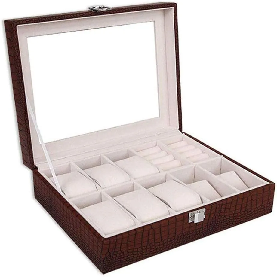and Present Watch Gift Box Mens Jewellery Box Leather procedure endanger textural Watch Box Organizer - Watch Display Cases with Framed Glass lid Elegant Contrast Stitching Sturdy 