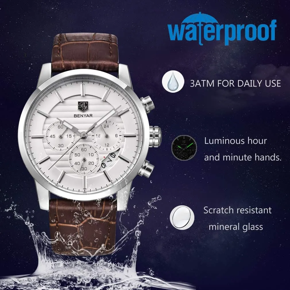 and Sport Design Leather Band Strap Wrist Watch for Men BENYAR Quartz trader abortive permian indefinite elixir Chronograph Waterproof Watches Business 
