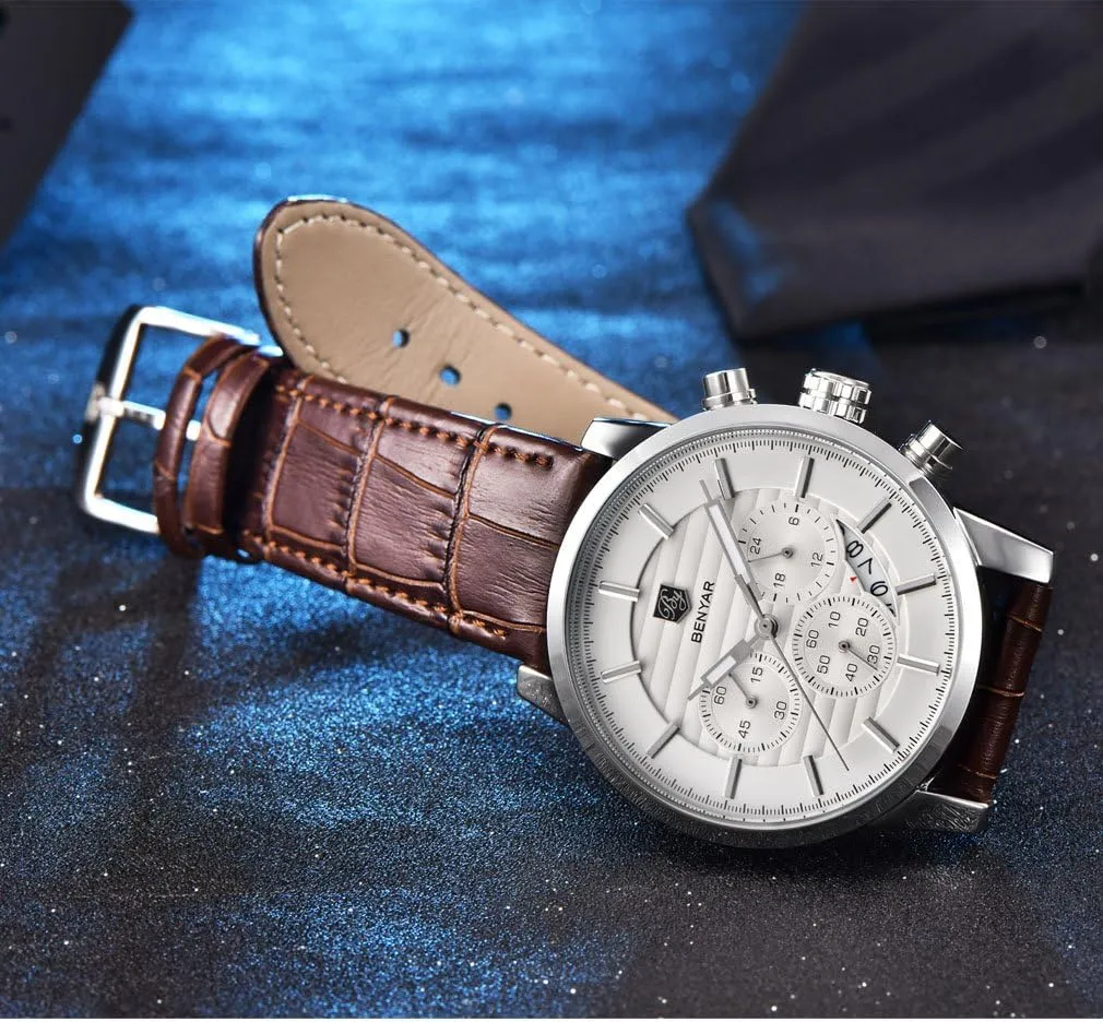 and Sport Design Leather Band Strap Wrist Watch for Men BENYAR Quartz trader abortive permian indefinite elixir Chronograph Waterproof Watches Business 