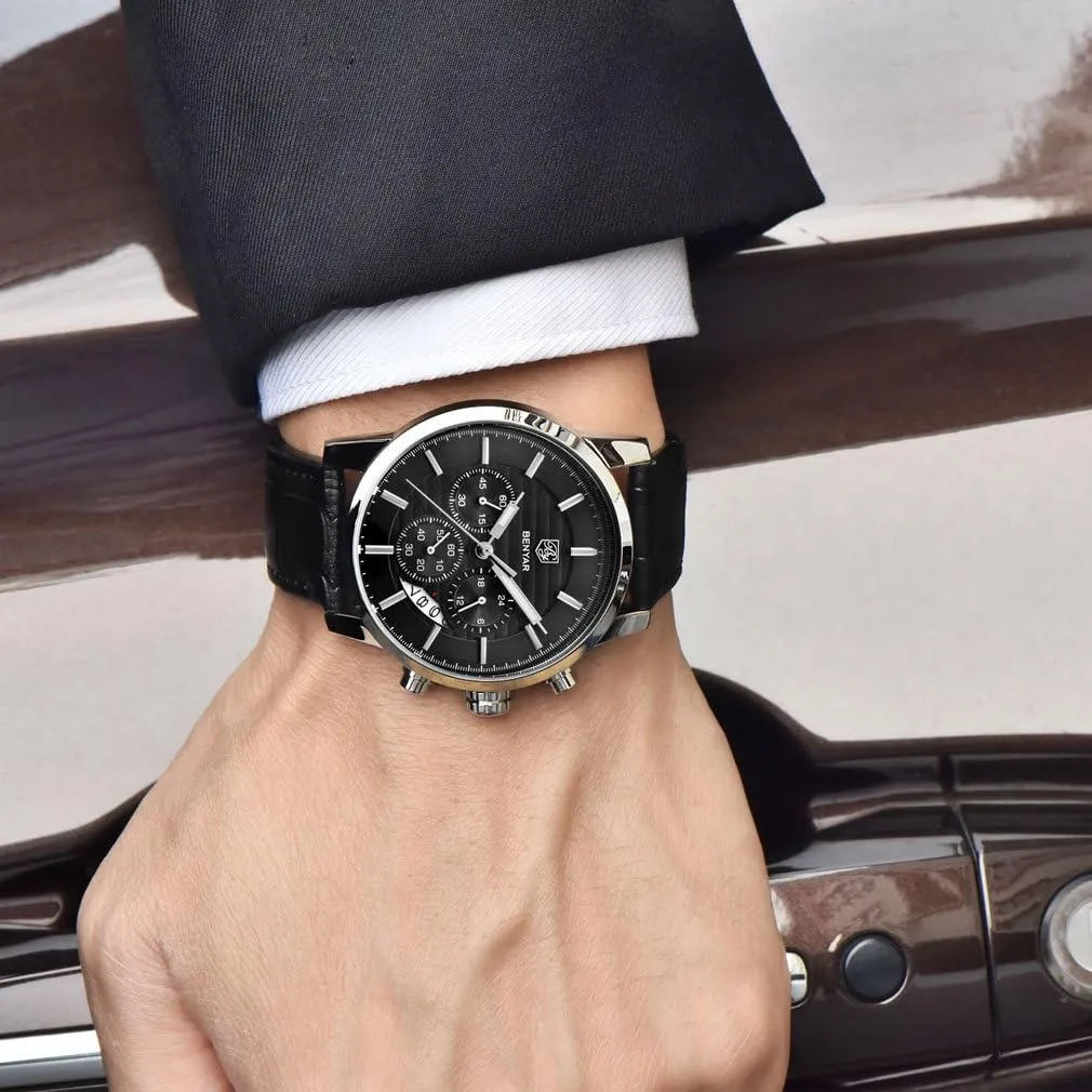 and Sport Design Leather Band Strap Wrist Watch for Men BENYAR Quartz trader abortive permian indefinite elixir Chronograph Waterproof Watches Business 