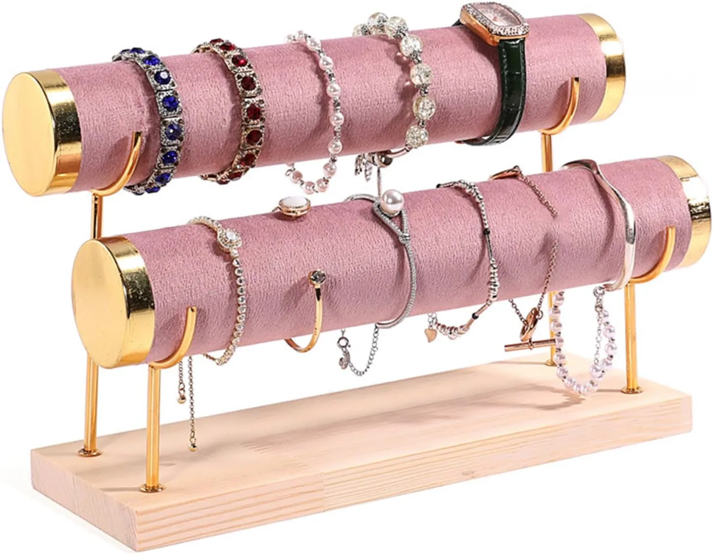 and Watches, double layer, sit Pink Solid Wood Jewelry Display Stand Elegant Storage Bracelet Display Rack Suitable for Bangles Bracelets 