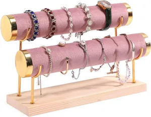 and Watches, double layer, sit Pink Solid Wood Jewelry Display Stand Elegant Storage Bracelet Display Rack Suitable for Bangles Bracelets 