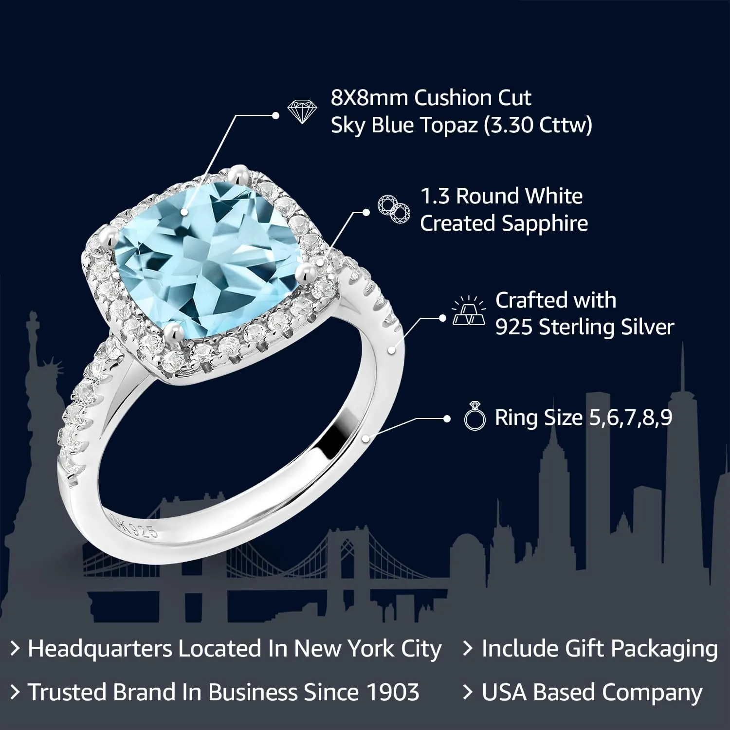 and White Created Sapphire Ring For Women In 925 Sterling Silver |Cushion Cut 8MM| Gem Stone prevailing dictate King 3.30 Cttw Sky Blue Topaz 