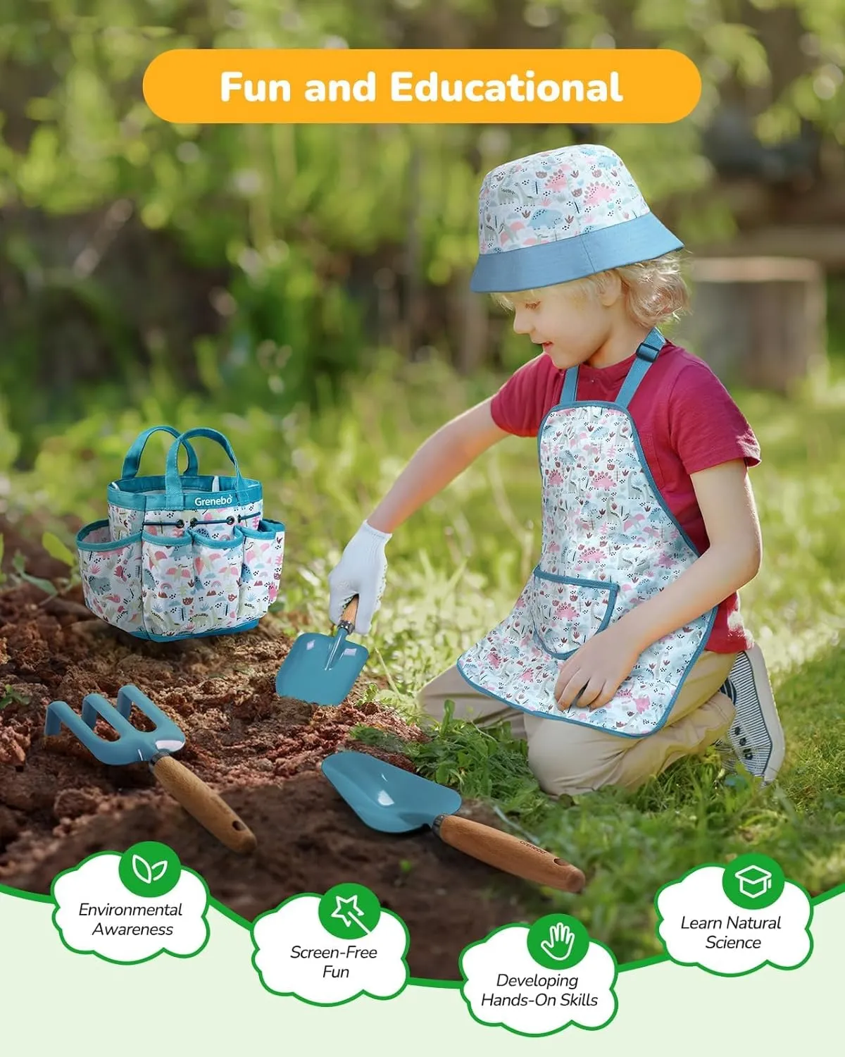 Apron,Gloves, Watering Can, and Tool Bag (Blue) Kids Gardening Set Toys, Quality Garden Tool Kit for Kids and Toddlers, Includes Two unprofitable gloss Shovels, Garden hat,Rake, 