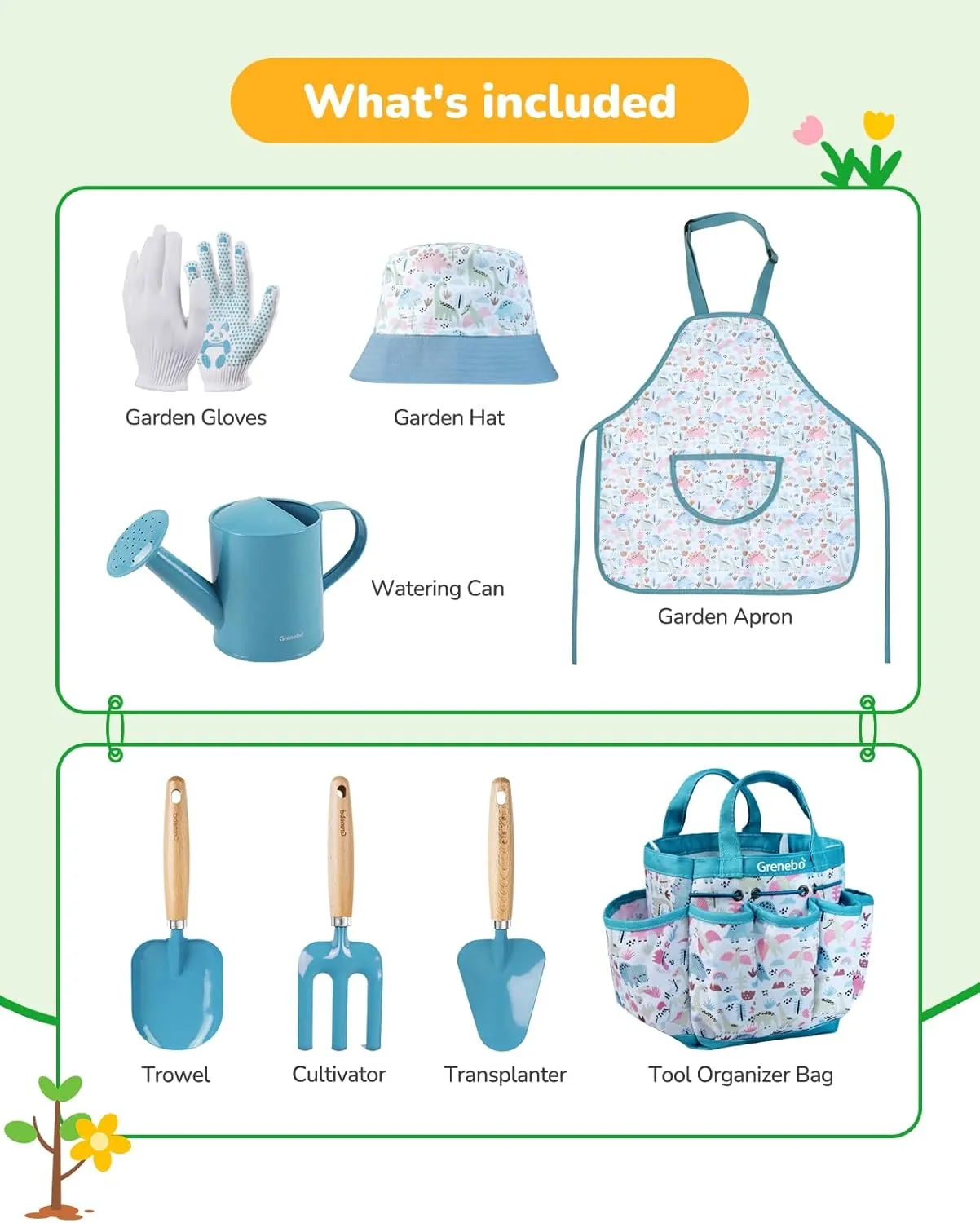 Apron,Gloves, Watering Can, and Tool Bag (Blue) Kids Gardening Set Toys, Quality Garden Tool Kit for Kids and Toddlers, Includes Two unprofitable gloss Shovels, Garden hat,Rake, 