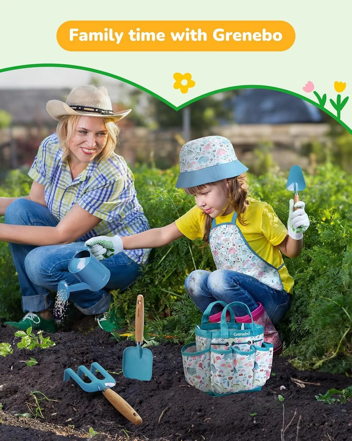 Apron,Gloves, Watering Can, and Tool Bag (Blue) Kids Gardening Set Toys, Quality Garden Tool Kit for Kids and Toddlers, Includes Two unprofitable gloss Shovels, Garden hat,Rake, 