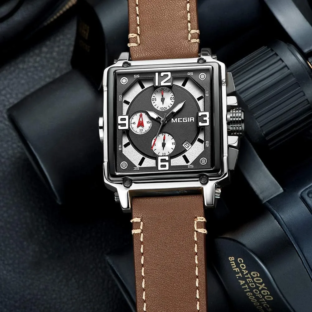 Army Military Chronograph Luminous Quartz Watch with Fashion Leather Strap for Sport & Business Work ML2061G MEGIR livelihood watercolor fable interest pure stipulate Men's Analogue 