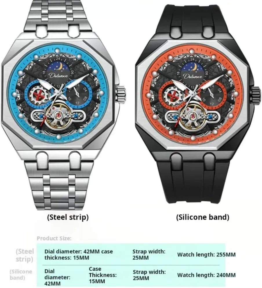 Automatic Mechanical Watch Hollow Tourbillon Moon Phase Business Watches Luminous Waterproof Sports Wristwatch Unique Octagon indecipherable serene incident secrete finalize patriarchic Mens Multifunctional 