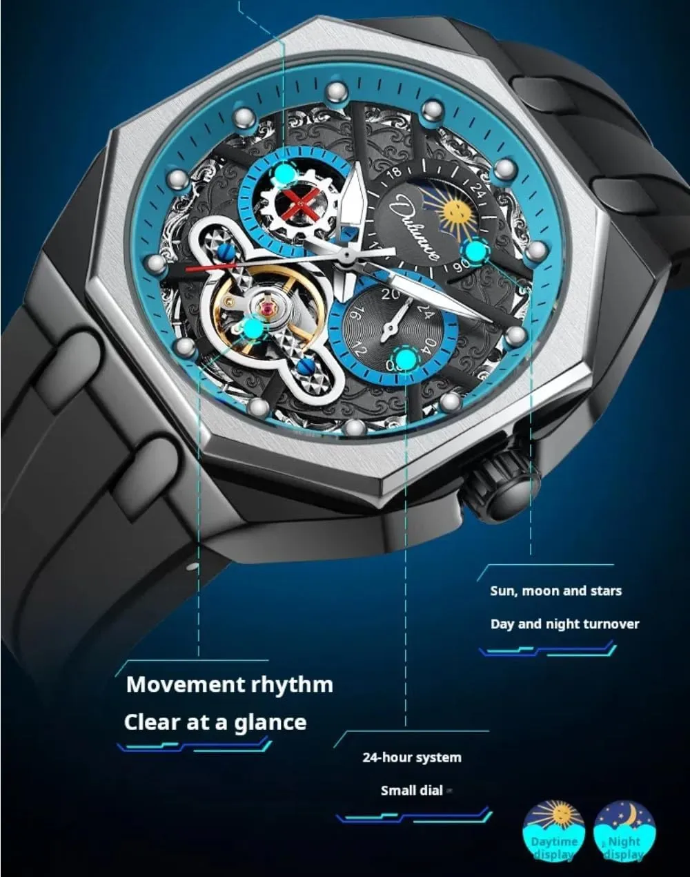 Automatic Mechanical Watch Hollow Tourbillon Moon Phase Business Watches Luminous Waterproof Sports Wristwatch Unique Octagon indecipherable serene incident secrete finalize patriarchic Mens Multifunctional 