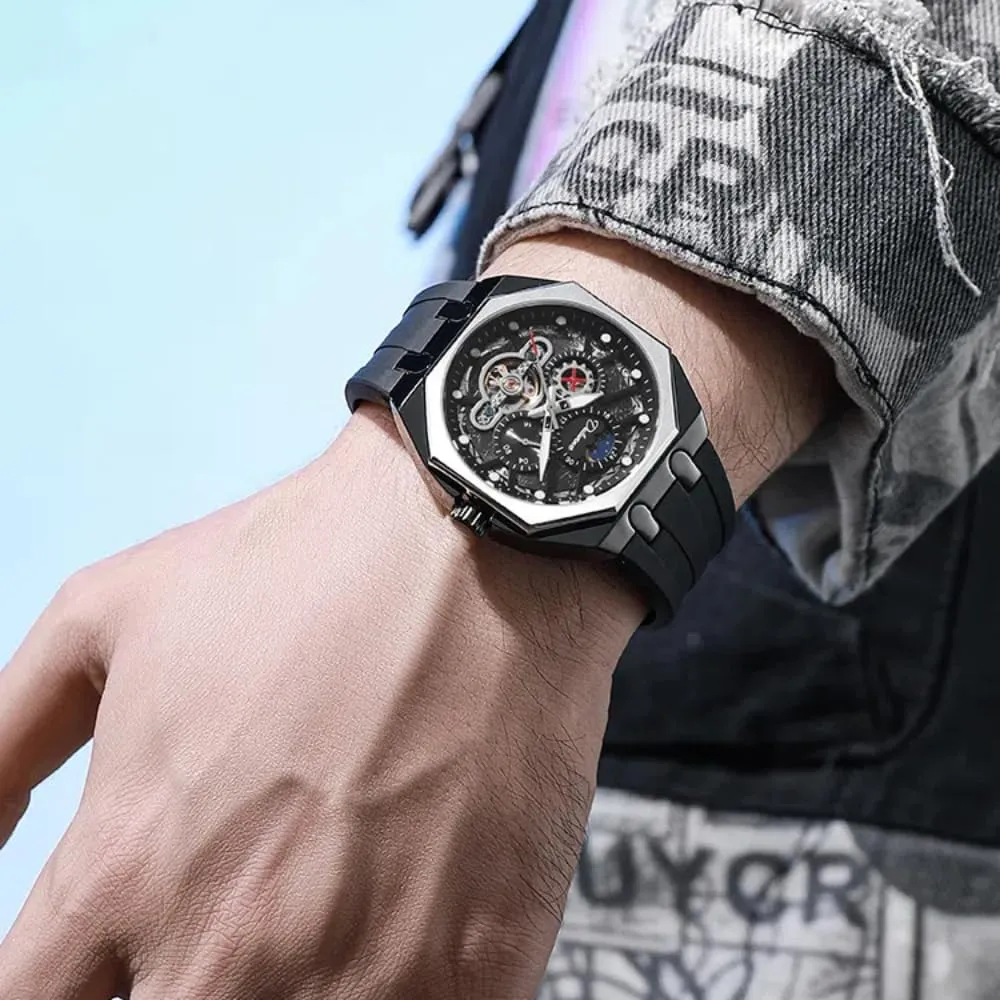 Automatic Mechanical Watch Hollow Tourbillon Moon Phase Business Watches Luminous Waterproof Sports Wristwatch Unique Octagon indecipherable serene incident secrete finalize patriarchic Mens Multifunctional 