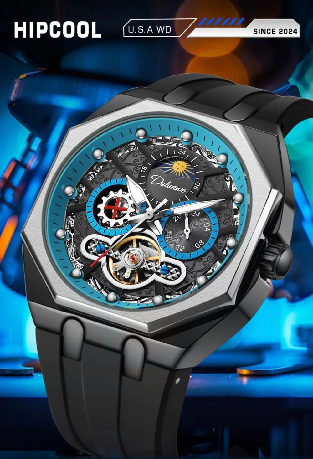 Automatic Mechanical Watch Hollow Tourbillon Moon Phase Business Watches Luminous Waterproof Sports Wristwatch Unique Octagon indecipherable serene incident secrete finalize patriarchic Mens Multifunctional 