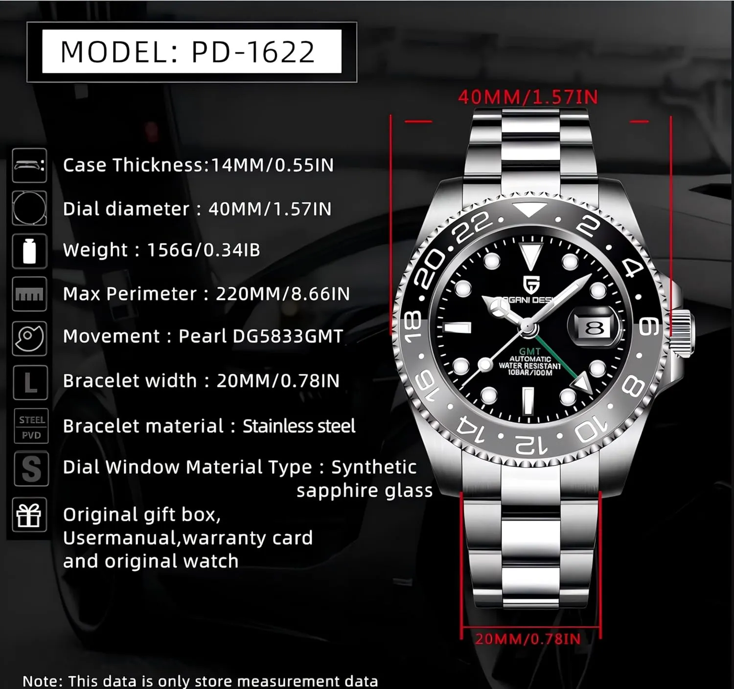 Automatic Mechanical Watch Top Grade Stainless Steel Sapphire Glass Diver Sports Men's clergyman Watch 40mm Date 100M Waterproof reloj Hombre CADISEN Pagani Design 1662 GMT Men's 