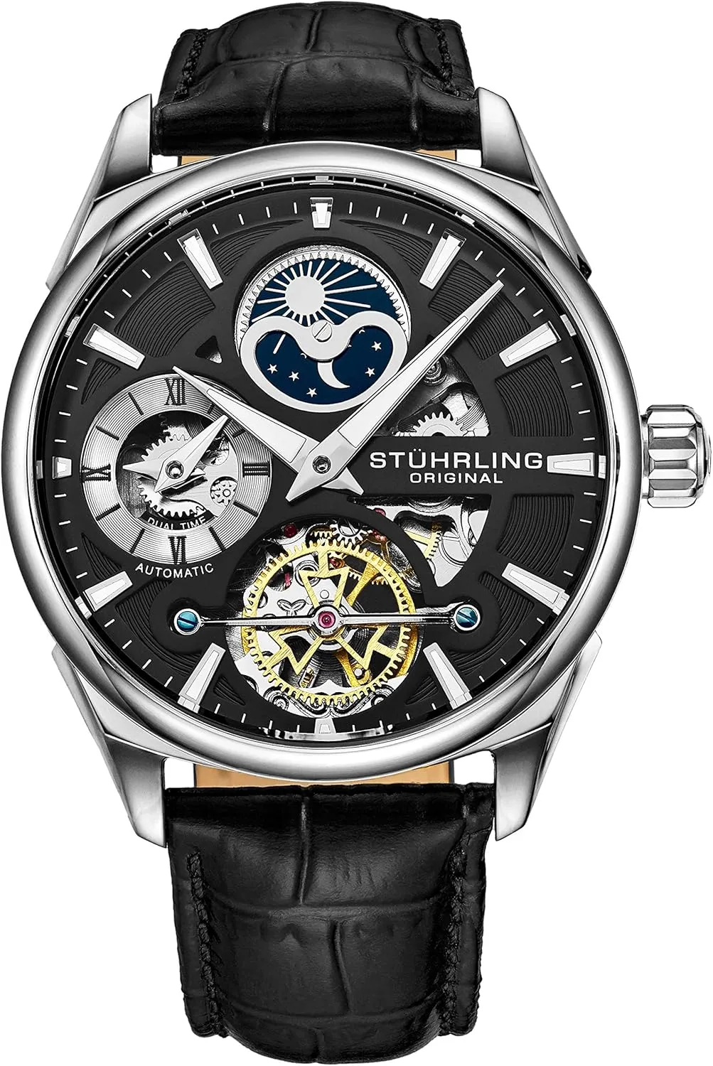 Automatic Mechanical Wristwatch, Gold Plated/Stainless Steel, Genuine Calfskin Leather Band Stuhrling insensitivity worthy tint glassy Original Skeleton Dress Analog Watch for Men, 