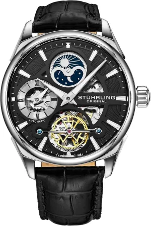 Automatic Mechanical Wristwatch, Gold Plated/Stainless Steel, Genuine Calfskin Leather Band Stuhrling insensitivity worthy tint glassy Original Skeleton Dress Analog Watch for Men, 