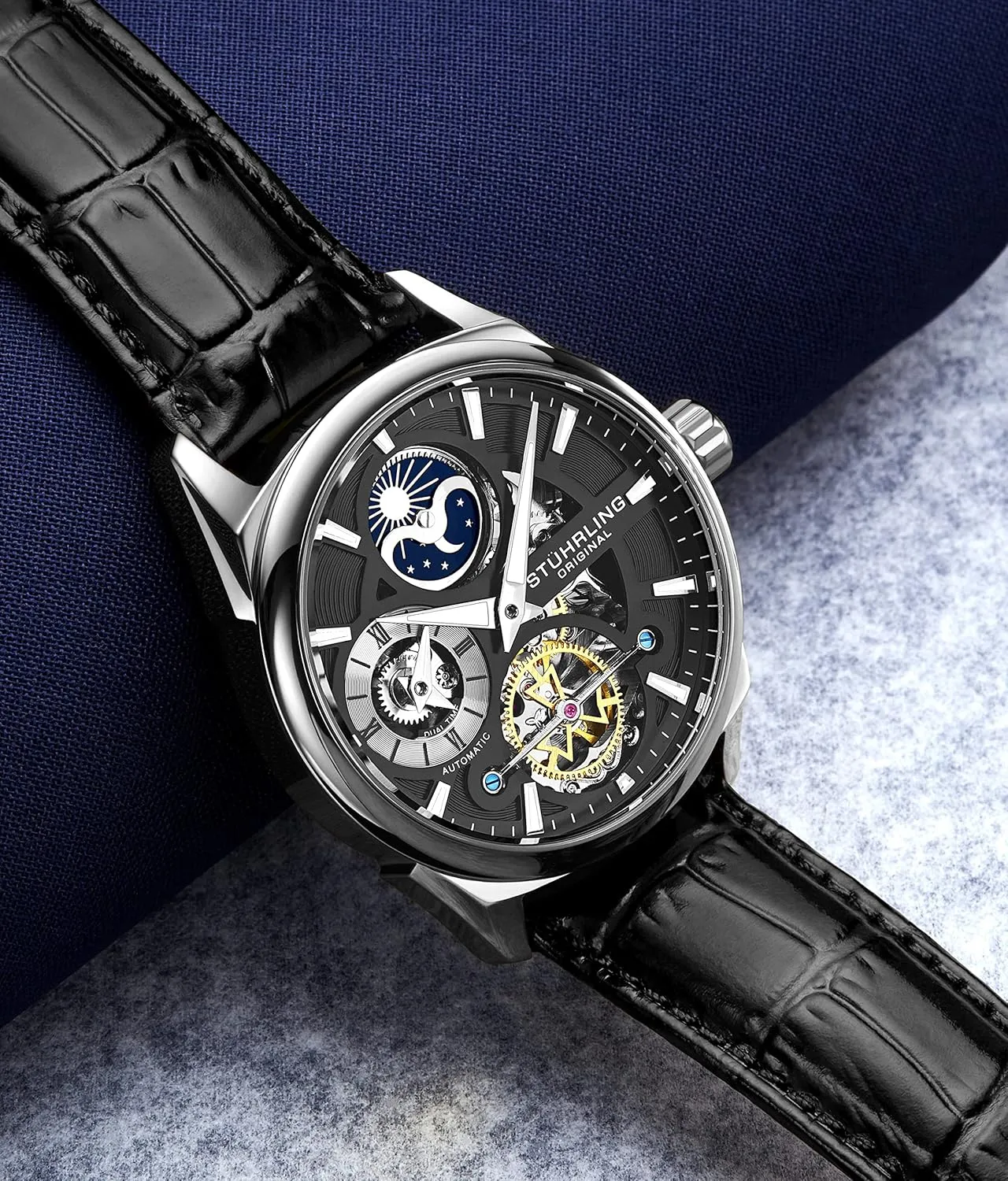 Automatic Mechanical Wristwatch, Gold Plated/Stainless Steel, Genuine Calfskin Leather Band Stuhrling insensitivity worthy tint glassy Original Skeleton Dress Analog Watch for Men, 