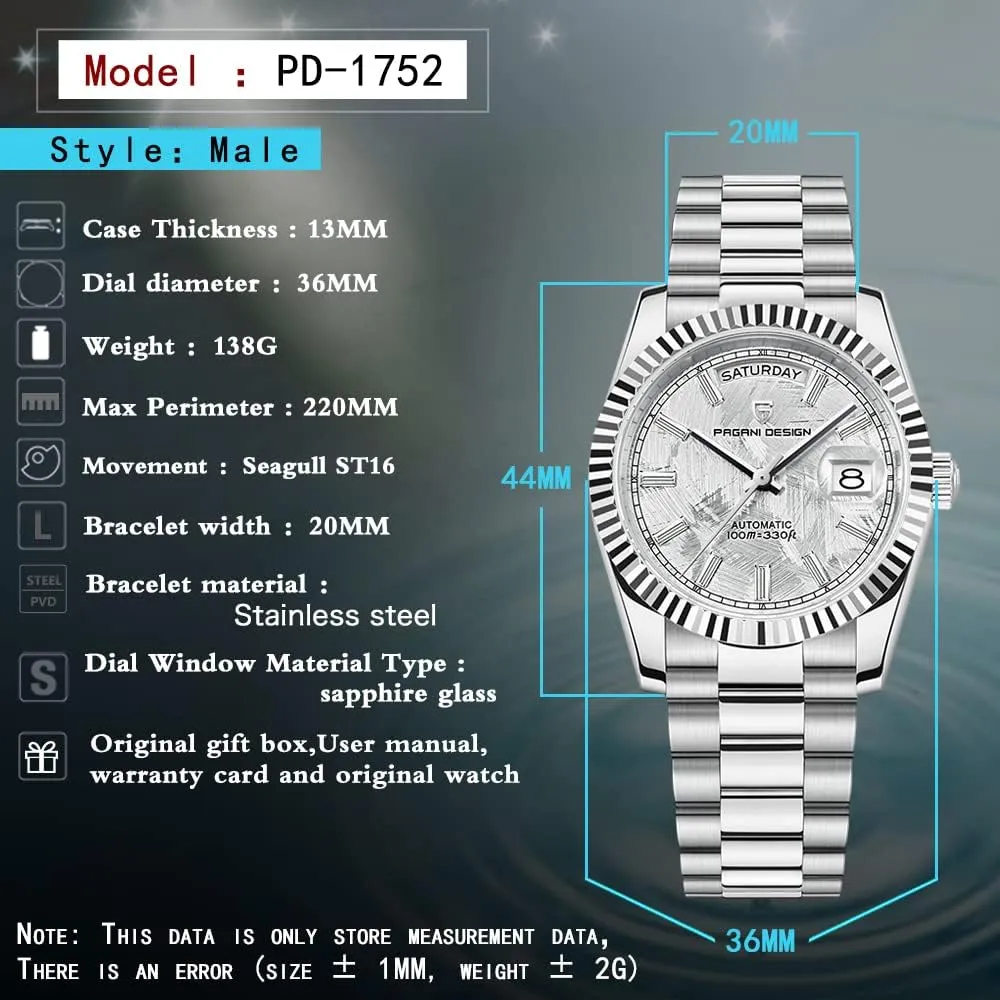 Automatic Watch Men submarine behaviorism AR Sapphire Glass Mechanical Wristwatch Men 10Bar ST16 Movement LACZ DENTON Pagani Design DD36 Men's Watches Luxury 