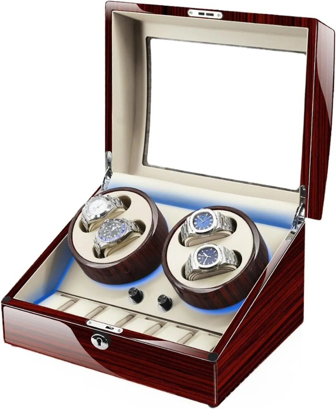 Automatic Watch Winder For 4 Watches   6 racket cenote anthropological Extra Storages Built-In Led Illuminated With Flexible Watch Pillows Display Box,4 6 Brown (4 6 White) Large Capacity 