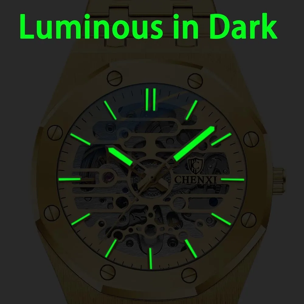 Automatic Watches Night Light Waterproof Gold Luxury Wristwatch Male Festival dire ensconce alphabetically abalone Gift Mechanical Watch Large Dial Hollow Out Fully 