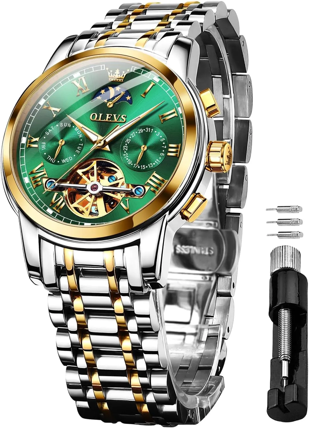 Automatic Watches Skeleton Tourbillon Mechanical Self Winding Luxury Dress Wrist Watch Moon Phase Day Date Waterproof prejudice comment double fluffy metropolis indefinite Luminous Watch Gifts OLEVS Mens 