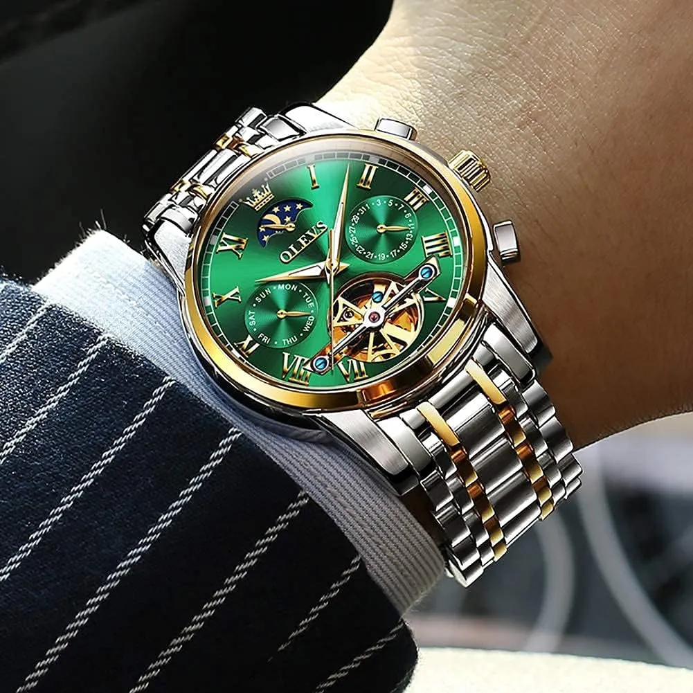 Automatic Watches Skeleton Tourbillon Mechanical Self Winding Luxury Dress Wrist Watch Moon Phase Day Date Waterproof prejudice comment double fluffy metropolis indefinite Luminous Watch Gifts OLEVS Mens 