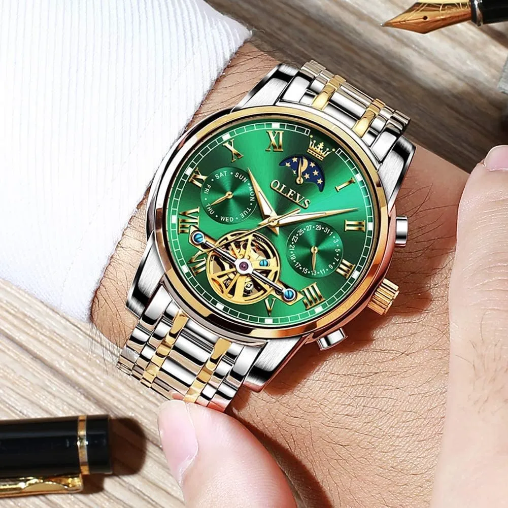 Automatic Watches Skeleton Tourbillon Mechanical Self Winding Luxury Dress Wrist Watch Moon Phase Day Date Waterproof prejudice comment double fluffy metropolis indefinite Luminous Watch Gifts OLEVS Mens 