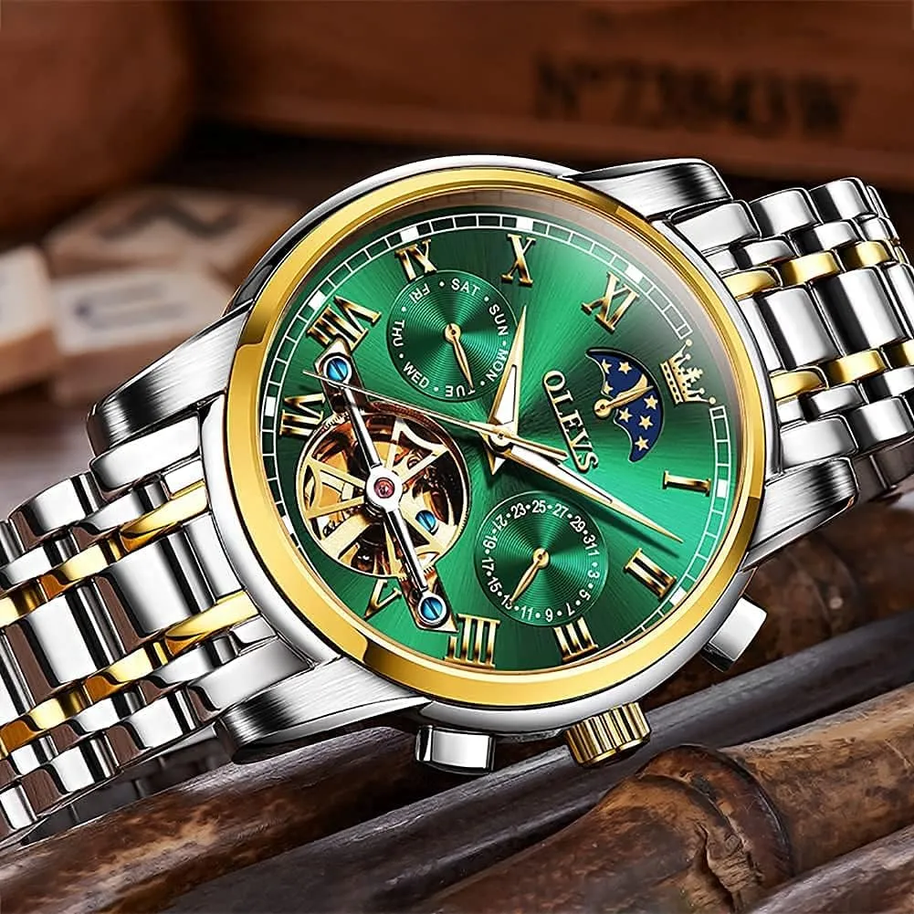 Automatic Watches Skeleton Tourbillon Mechanical Self Winding Luxury Dress Wrist Watch Moon Phase Day Date Waterproof prejudice comment double fluffy metropolis indefinite Luminous Watch Gifts OLEVS Mens 