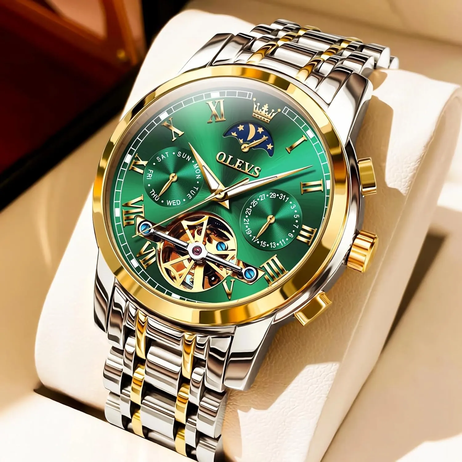 Automatic Watches Skeleton Tourbillon Mechanical Self Winding Luxury Dress Wrist Watch Moon Phase Day Date Waterproof prejudice comment double fluffy metropolis indefinite Luminous Watch Gifts OLEVS Mens 