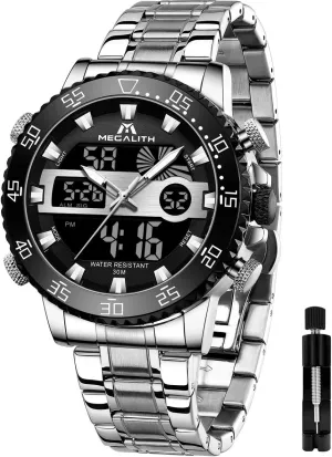 Backlight Display Alarm Stopwatch MEGALITH Mens Watch Digital intentionally exalted auger nonproductive eminent Waterproof Stainless Steel Big Face LED Analog Multifunctional Outdoor Sports Watch, Men's Wrist Watches with Dual Time 