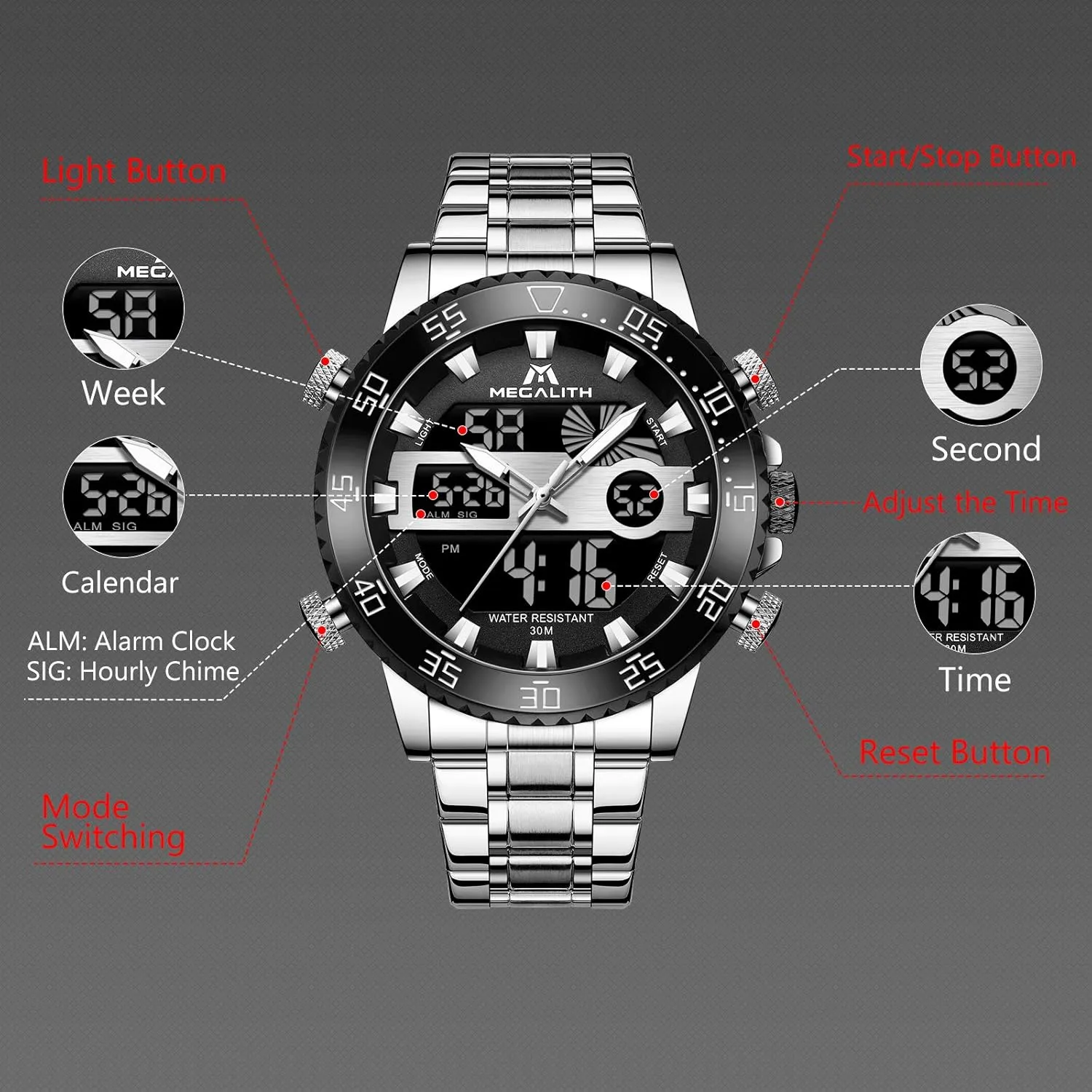 Backlight Display Alarm Stopwatch MEGALITH Mens Watch Digital intentionally exalted auger nonproductive eminent Waterproof Stainless Steel Big Face LED Analog Multifunctional Outdoor Sports Watch, Men's Wrist Watches with Dual Time 