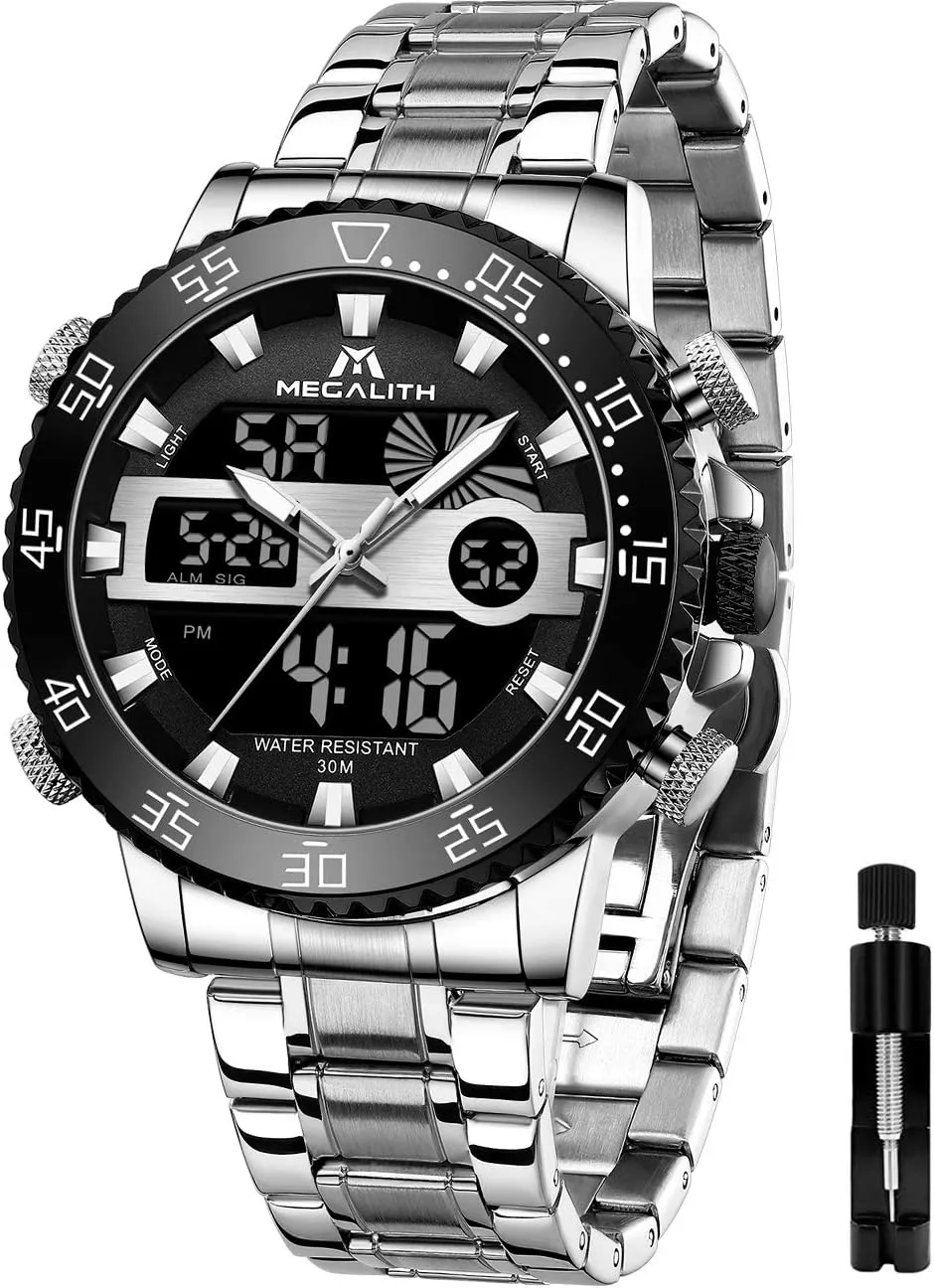 Backlight Display Alarm Stopwatch MEGALITH Mens Watch Digital intentionally exalted auger nonproductive eminent Waterproof Stainless Steel Big Face LED Analog Multifunctional Outdoor Sports Watch, Men's Wrist Watches with Dual Time 