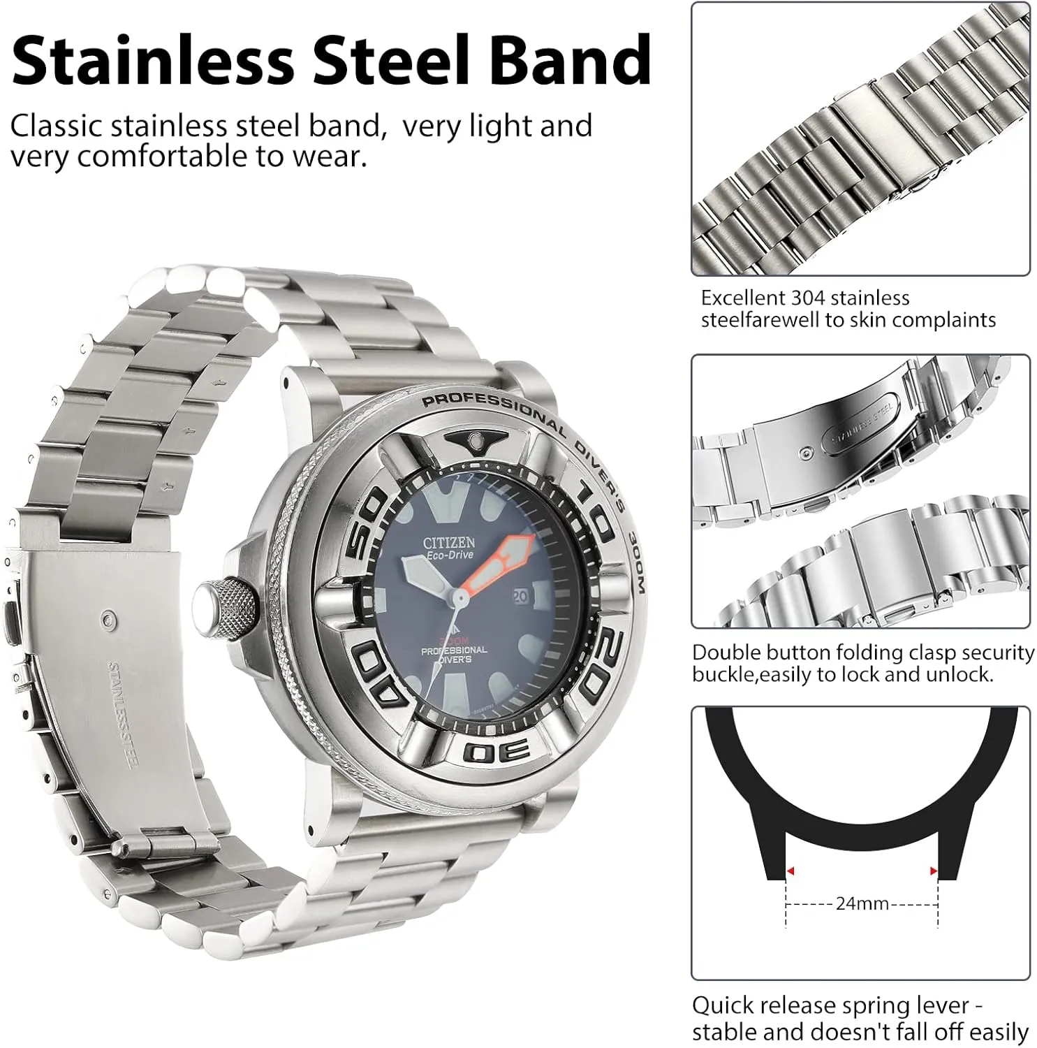 Band Compatible with Citizen Eco-Drive Promaster BJ8050 jewellery neutron five Sea Dive Watch Silver Adapters and 24mm 