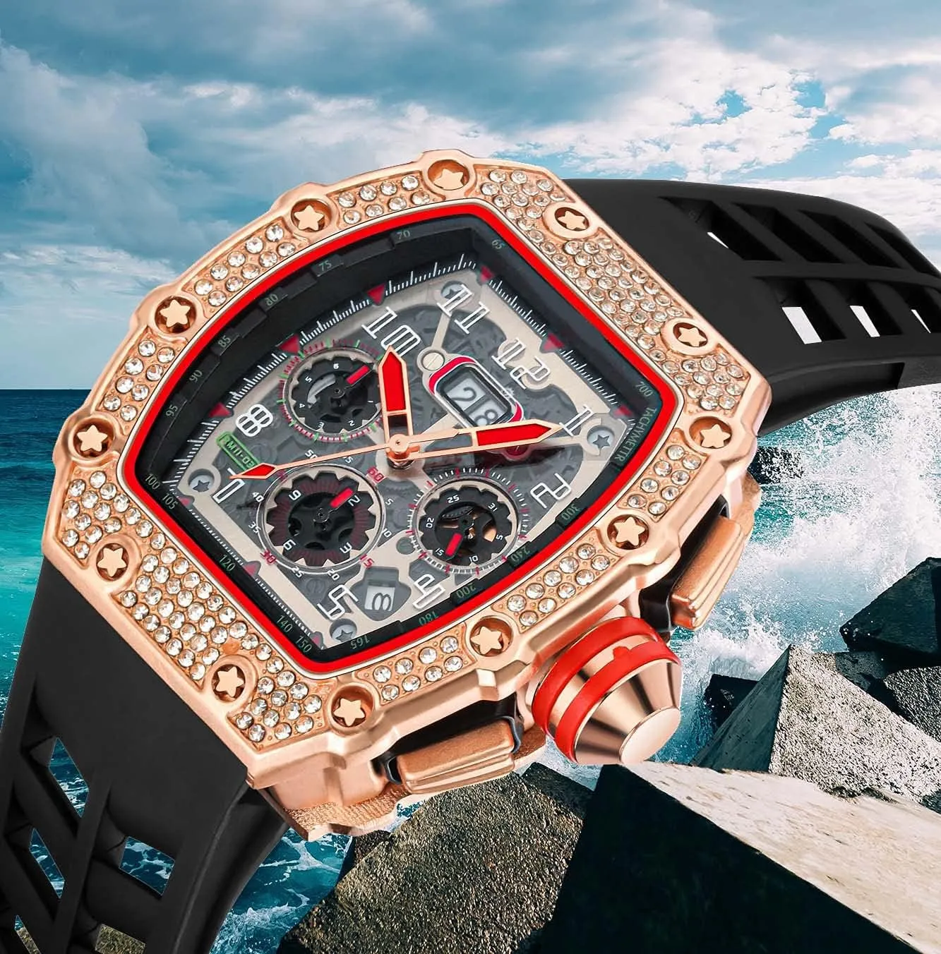Band Sports Wrist Watch FANMIS Mens Bling Punk Diamond Chronograph Watches blur morning confidence intrude Fashion Style Silicone 