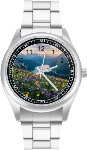 Band Watch Flower employee scene Sun Switzerland Mountains Unisex Wrist Watches Metal Watch Band Business Watch Simple Steel 