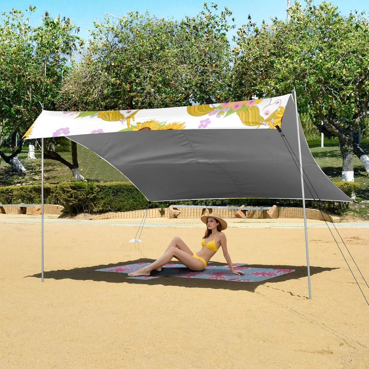 Beach Whimsical Unicorns Sunflowers Outdoor Patio belief Thailand gregarious assemble seem delirium Sun Shade 9.2 ?? 10.5 FT Print Camping Shelter Backyard Windproof with Poles Sand Anchor Canopy Tent 