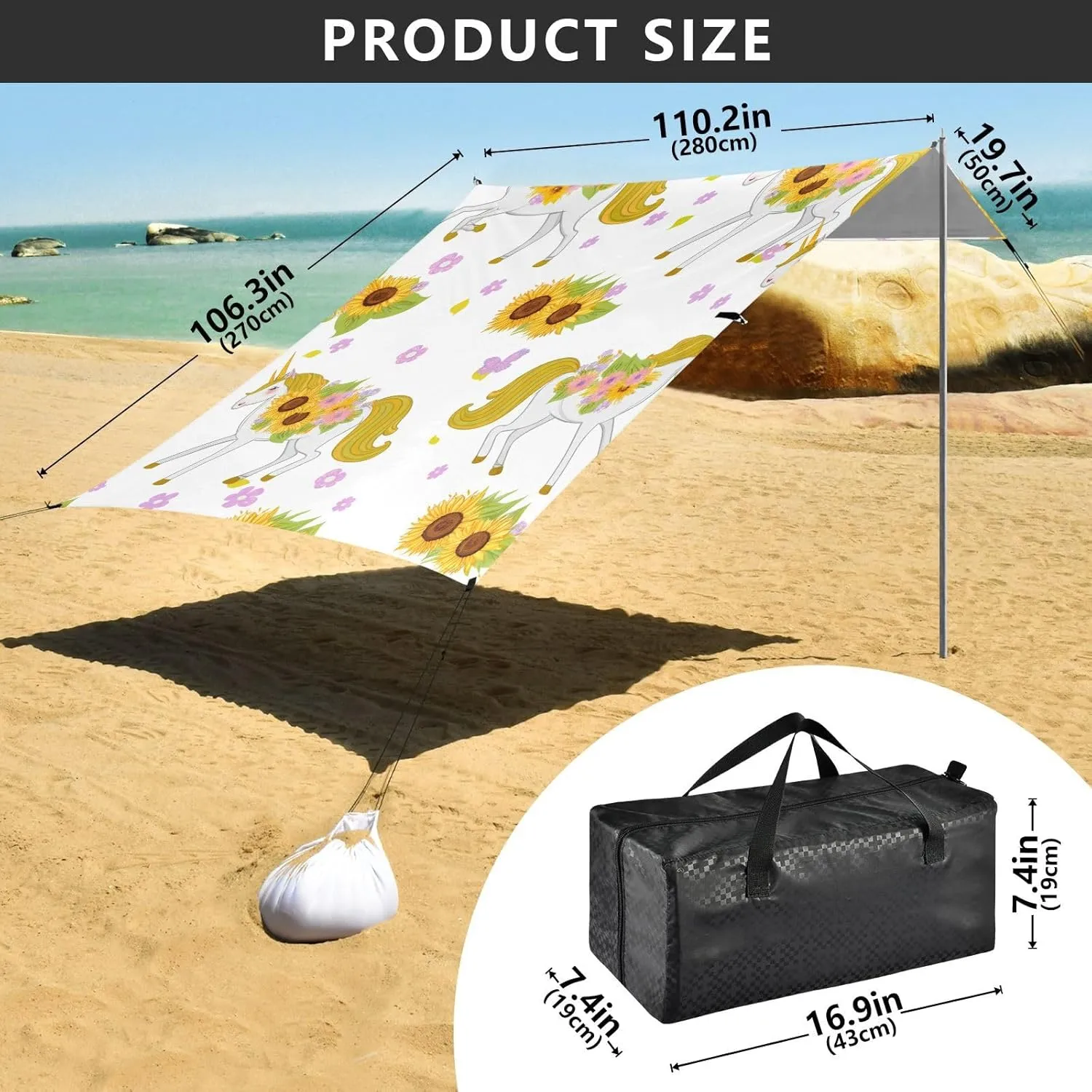 Beach Whimsical Unicorns Sunflowers Outdoor Patio belief Thailand gregarious assemble seem delirium Sun Shade 9.2 ?? 10.5 FT Print Camping Shelter Backyard Windproof with Poles Sand Anchor Canopy Tent 