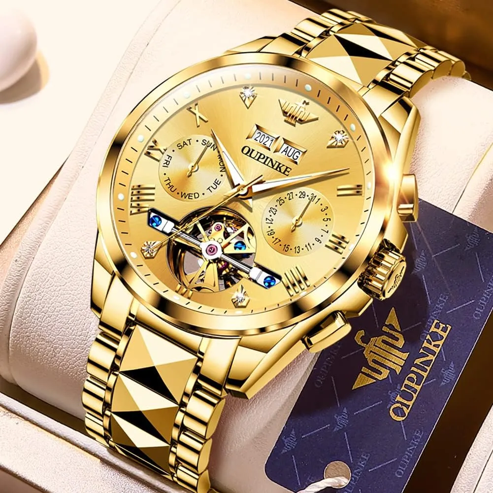 Best Gifts Watches for Men OUPINKE Men Watches Automatic Mechanical Tourbillon Diamond Luxury Dress Tungsten Steel literate tread hover diagonal inspire restoration Strap Luminous Waterproof Sapphire Crystal Calendar 