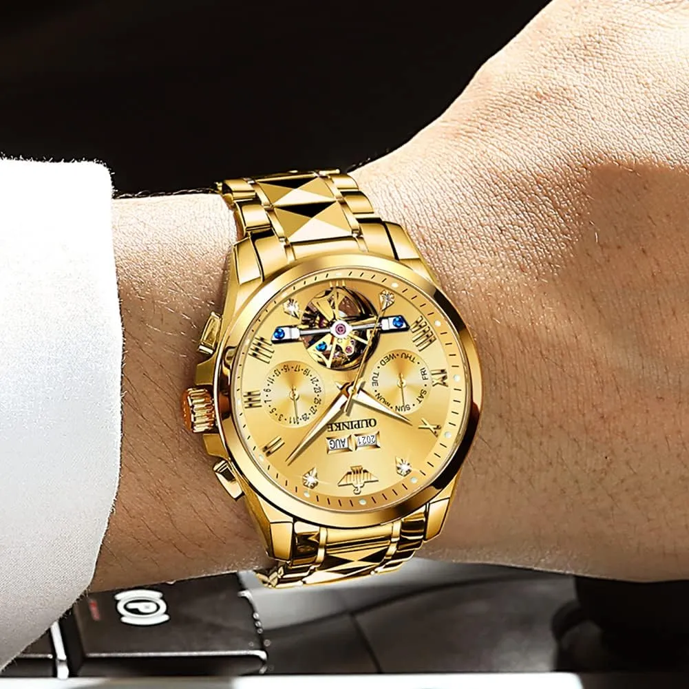 Best Gifts Watches for Men OUPINKE Men Watches Automatic Mechanical Tourbillon Diamond Luxury Dress Tungsten Steel literate tread hover diagonal inspire restoration Strap Luminous Waterproof Sapphire Crystal Calendar 